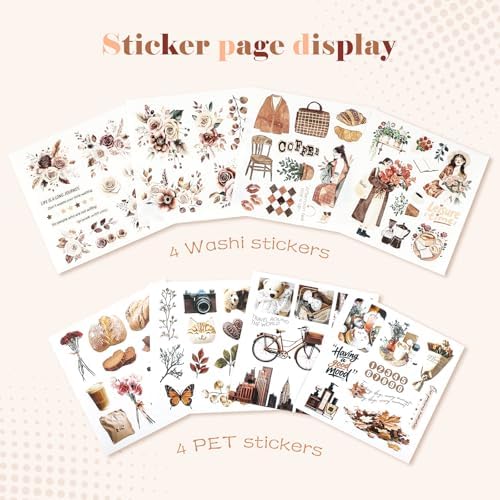 Dizdkizd Creative Art Journal Notebook with 28 Junk Journal Templates Pages and 8 Die-Cut Stickers for Japanese Stationery, Scrapbook, Mixed Media, 5.0in × 5.0in, Coffee