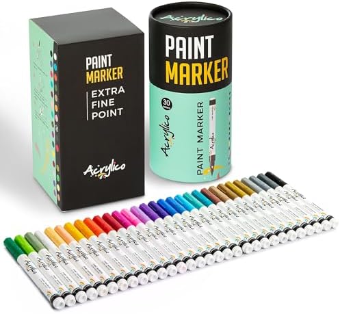 Acrylic Paint Markers Set of 30 Paint Pens –Extra Fine Tip for Fabric, Wood, Glass, Canvas, Rock, Metal & Ceramic – Non-Toxic Art Supplies for Adult Coloring & Kids Crafts