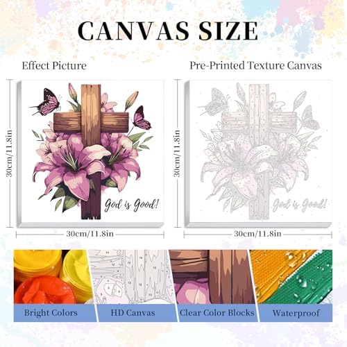 Camocin Framed Paint by Numbers Kit for Adults Beginner - Religious Cross and Lily Paint by Number Canvas with Frame, Faith DIY Acrylic Painting Kit for Christian Home Wall Decor 12x12 Inch