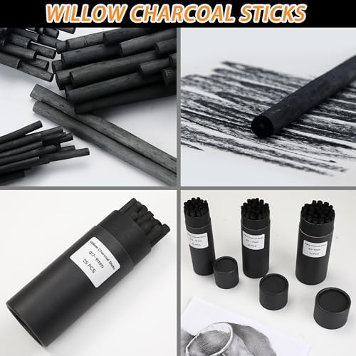 Willow Charcoal Sticks, Natural Willow Charcoal Pencils for Artists, Beginners, Students, Great for Sketching, Drawing, and Shading, Pack of 25 (7-9, Millimeters)