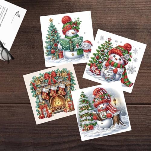 Zyvoreva 12 PCS Christmas Snowman Diamond Art Greeting Cards with Envelopes, Diamond Painting Greeting Cards Kit for Adults DIY Holiday (red)