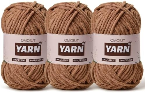 3 Packs Plush Chenille Chunky Crochet Yarn - Baby Yarn for Crocheting Soft - Velvet Yarns Knitting for Blankets Crafts - Fluffy Amigurumi Yarns 150g / 196.8yds (3 Light Coffee)