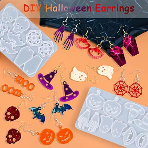224 PCS Halloween Earring Resin Molds with Hole, Silicone Molds with 80 Earring Hooks Skull Pumpkin Bat Spider Epoxy Resin Jewelry Mold Pendant Keychain