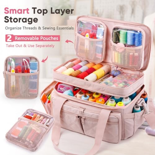 AMOIGEE Sewing Organizer Bag with 2 Clear Storage Boxes, Double Layer Sewing Storage Bag with Removable Pouches & Adjustable Dividers for Thread, Needles, Scissors, Embroidery Floss&Craft Accessories