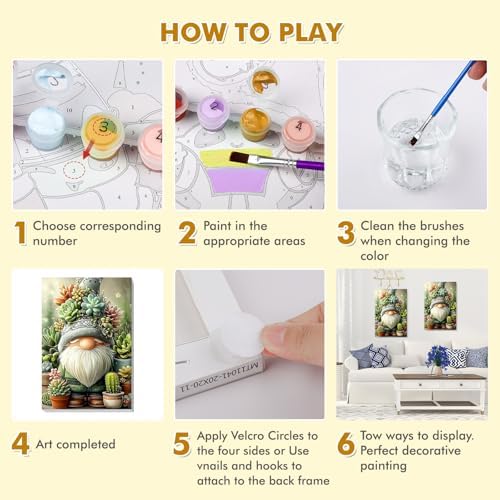 Bowetile Framed Paint by Numbers Gnome Kit for Adults, Adults' Paint-by-Number Kits on Canvas, Painting by Numbers Succulents, DIY Acrylic Number Painting for Home Wall Decor, 8x12in