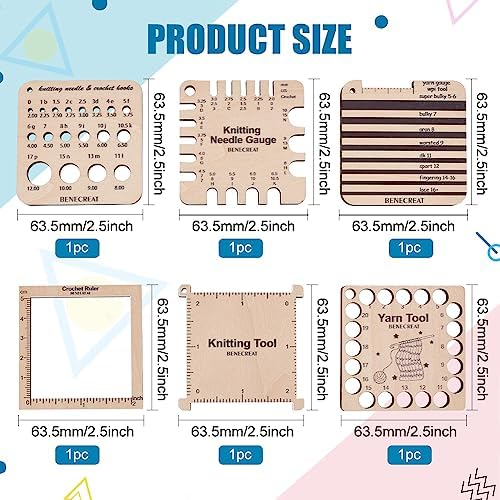 BENECREAT 6 Styles Wood Knitting Gauge Rulers, Crochet Hook and Yarn Wrap Per Inch Guide Knitting Tool for Spinners Yarn Measuring Crochet Accessories