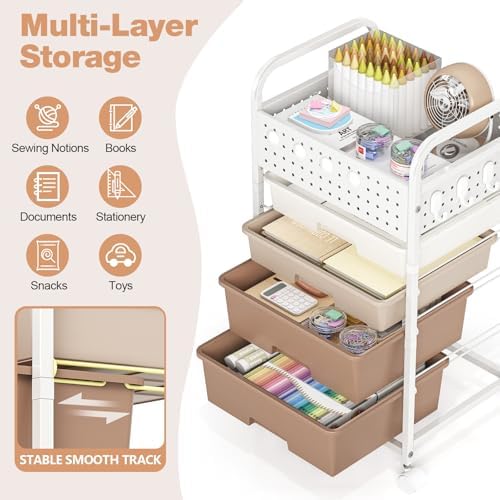4 Drawer Rolling Storage Cart with Pegboard Top and Hooks, Brown