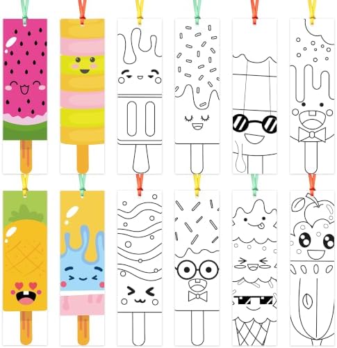 72Pcs Ice Cream Color Your Own Bookmarks, Coloring Blank Bookmarks for Kids