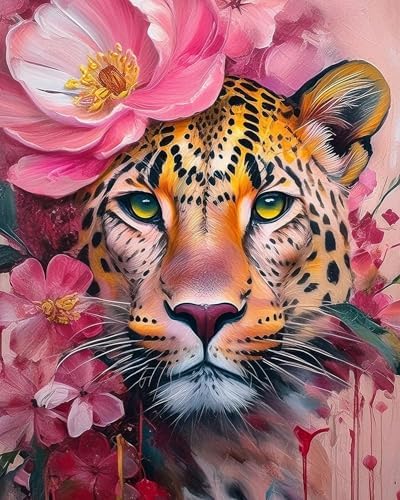 AuraDraw Cheetah Paint by Numbers - Leopard Paint by Number Kit for Adults Beginners, DIY Pink Painting Art Craft on Canvas for Home Decor 16x20 Inch