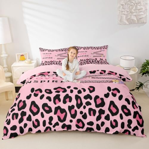 Erosebridal Pink Leopard Duvet Cover Full Size Floral Leopard Pencil Bedding Set for Kids Boys Girls Pink Educator Artwork Comforter Cover Boho Aesthetic Bedclothes Room Decor