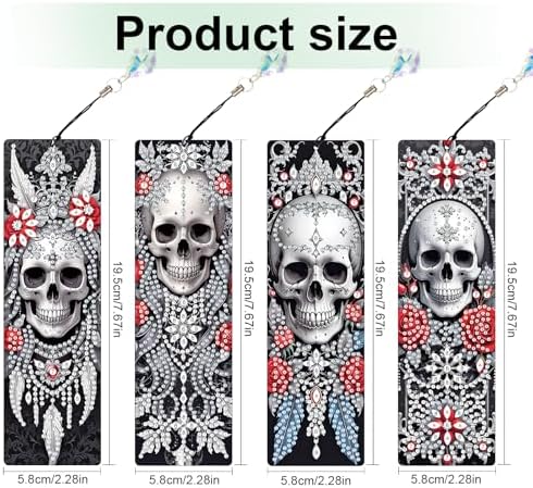 4 Pcs DIY 5D Diamond Painting Bookmark Kit - Special Shaped Crystal Rhinestones, Rose Skull Diamond Art Bookmarks with Crystal Pendant Tassels, Handmade Decorative Bookmarks Gift Set for Book Lovers