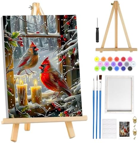 MOGTAA Christmas Cardinal Paint by Numbers Kit for Adults Beginners with Frame, Winter Adult Paint by Number Kits on Canvas with Easel, Easy DIY Candle Oil Painting Kits for Home Decor, 8x12in