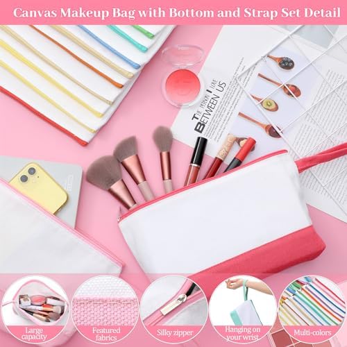 Silkfly 15 Pcs Cotton Canvas Makeup Bags Cosmetic Zipper Bags 10.2 x 5.5 x 2'' Blank DIY Pouch Bulk Pencil Case with Bottom Travel Toiletry Pouch for Women Craft Decor Gift (Fashion Color)