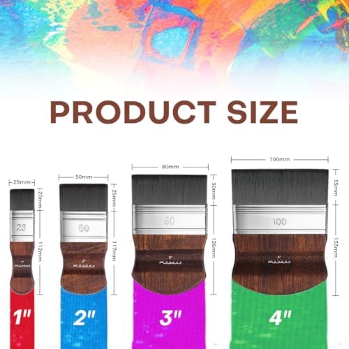 Fuumuui 4pcs Flat Paddle Paint Brush Set, Scale Brushes, Large Blending Paint Brush, Wide Flat Paint Brushes with Short Ergonomic Handle for Oil and Acrylic Paints(1'', 2'', 3'', 4'')