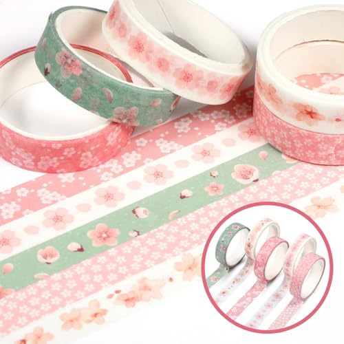 5 Rolls Sakura Washi Tape Set Floral Decorative Tapes Cute Flowers Patterns Tape Japanese Arts Adhesive Tapes Modern Arts Masking Tapess for Art DIY Crafts Journals Scrapbooking Wrapping