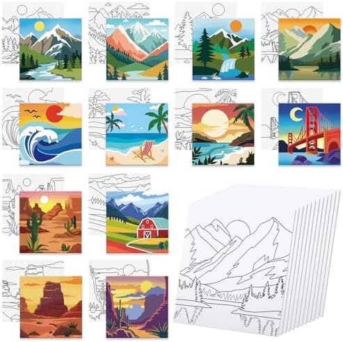 Anseal 12 Packs Pre Drawn Canvas to Paint, 4" X 4" Landscape Pre-Printed Canvas Paint Party for Adult, Stretched Outline Painting Boards for Beginners, Party Favor