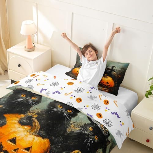 Erosebridal Halloween Black Cat Duvet Cover Twin Size Witch Hat Pumpkin Bedding Set for Kids Boys Girls Horror Halloween Comforter Cover Vintage Oil Painting Bedclothes Room Decor