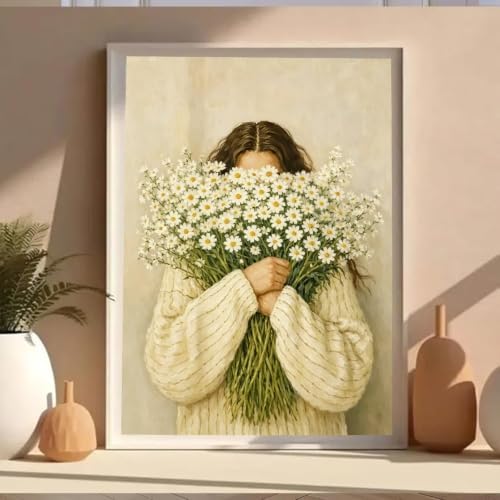 VeGuude Diamond Art Kits for Adults, Full Drill Woman with Daisies Bouquet Diamond Painting Kits for Beginners, DIY Full Rhinestone 5D Diamond dots (Gemstone Craft), Home Wall Decoration (12x16 inch)