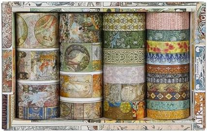 Vintage Washi Tape Set - 24 Rolls Arts Adhesive Tapes Assorted Retro Decorative Masking Tape Sets for Craft, Kids, Scrapbook, DIY, Gift Wrapping (1-Renaissance Dreams)