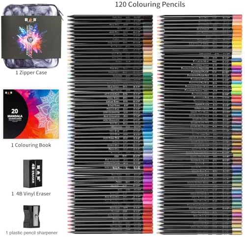 H & B 120-Color Colored Pencils Set with Mandala Coloring Sheets, Eraser, Sharpener - Soft Oil-Based CoresArt Supplies Drawing Kit for Adults, Kids, and Beginners