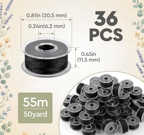 ilauke 36 pcs Black Bobbin Thread, Size A Prewound Bobbins, 60WT