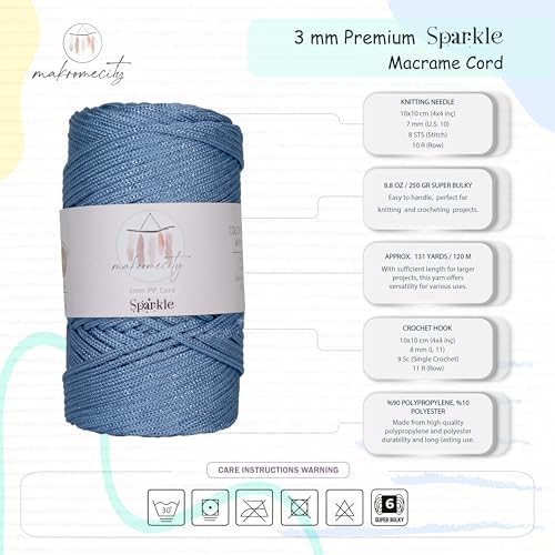 Makromecity Sparkle 2 Skeins of Polypropylene Macrame Cord 3mm x 131 Yards (394 feet) Premium Polyester Macrame Cord for Macrame Art & Crafts for Wall Hangings, Bags, Underplate, Rug