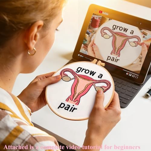 Hand Embroidery Kits for Beginners Adults, Grow a Pair Uterus Embroidery DIY Kit, Stamped Cross Stitch Kits for Beginners Adult Craft Kits for Women, Entire Set of Embroidery Supplies & Video Tutorial