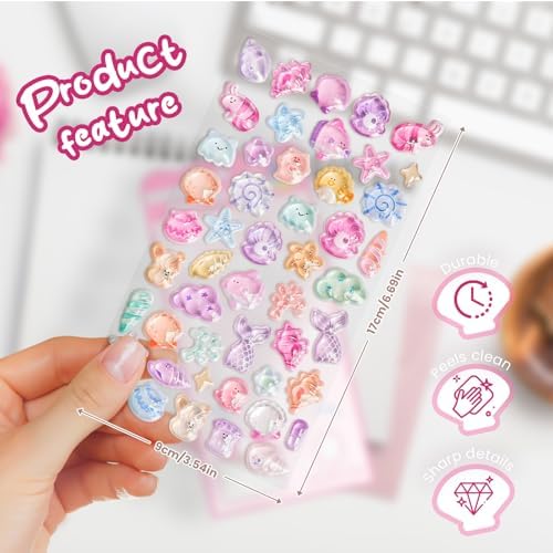 Stickers Pink Ocean Theme Cute Puff Stickers with Glitter Funny Kawaii, Sea Star, Shell, Conch 3D Puffy for Scrapbooks Planner Journals Laptops Phone Case Decoration Laptops Phone Case DIY