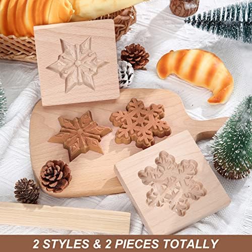 Meanplan Carved Wooden Cookie Mold, Baking Embossing Cookies Stamp Mold Cutter Funny 3D Heart Wood Rose Dessert Tools for Christmas Kitchen DIY Baking Tools(Snowflakes)