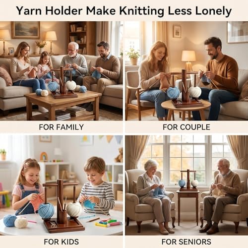 Wooden Yarn Holder for Crocheting & Knitting - Upgraded Magnetic Rotating Dual Spindle Yarn Spinner with Phone Stand & Hook Storage - Tangle Yarn Dispenser, Perfect Gift for Knitters & Crafters