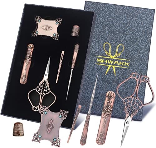 SHWAKK Embroidery Scissors Kit, Vintage Red Stainless Steel Craft Scissors