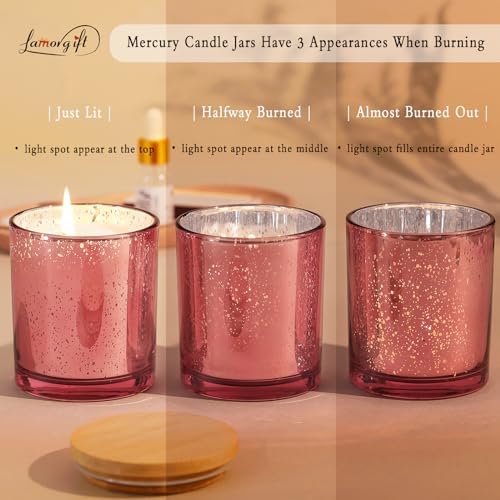 LAMORGIFT 10oz Rose Gold Empty Candle Jars With Lids - 12 Pack Making Containers - Mercury Glass Jars Include 15 Pcs Labels