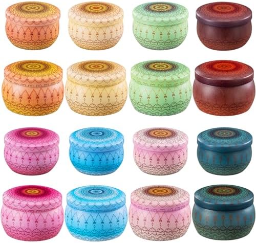 Domivirgo Candle Tins with Lid,16pcs 8 Designs Tinplate Cans with Wicks, Wick Holders, Wick Stickers for Candle Making(2.5oz X 8 PCS &4.5oz X 8 PCS)