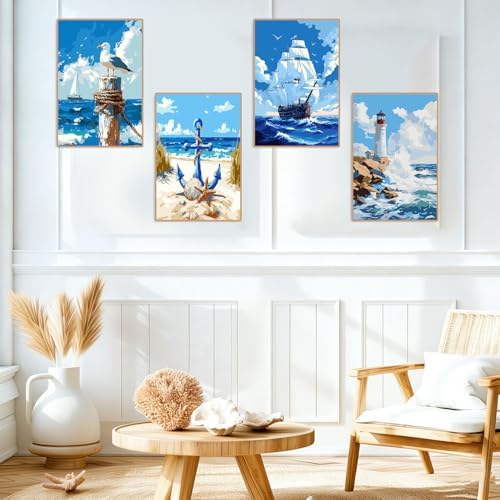bleihum 4 Pack Beach Paint by Numbers Kit for Adults with Frame Easel | Seaside Paint by Number Kits on Canvas, Sea Painting by Numbers for Adults Beginners Home Decor Gift 8x12 Inch