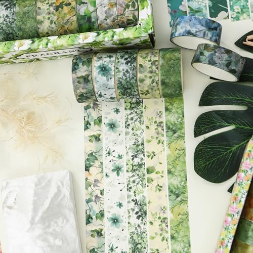 18 Rolls Blossom Washi Tape Set Floral Arts Adhesive Tapes Flowers Garden Decorative Masking Tape Sets for Craft, Kids, Scrapbook, DIY, Gift Wrapping (Emerald Vines)
