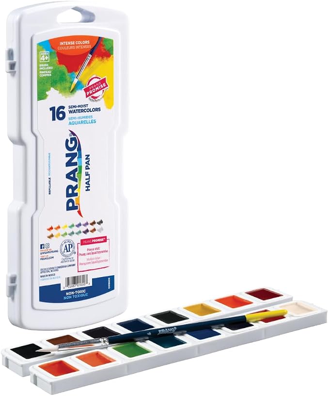 Prang Half Pan Watercolor Set, 16 Assorted Colors and 1 Brush | Perfect for painting, art lessons, crafts and creative projects