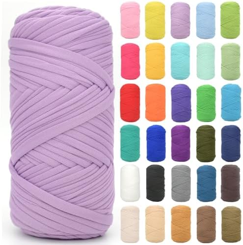 Tshirt Yarn for Crocheting,Light Purple T Shirt Chunky Elastic Fabric Thick T-Shirt Crochet Yarn for Beginners Crocheting Hand Knitting Bag/Basket/Coasters/DIY Crafts/Home Decor 200G(Light Purple