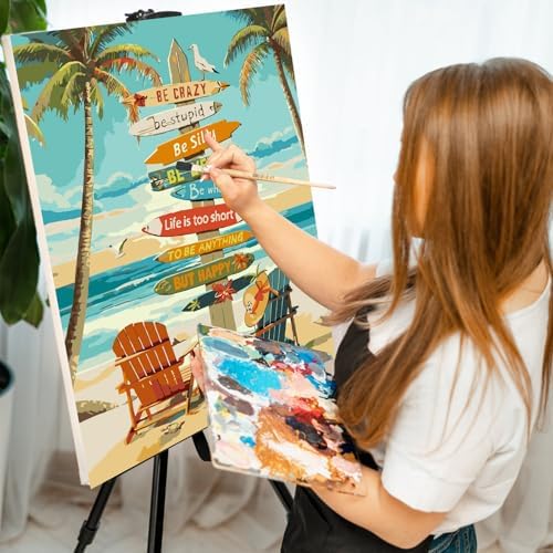 Paint by Numbers Kit for Adults, Beach Sign Number Painting, 16 x 20 Inch | DIY Adult Paint by Number Kit on Canvas for Beginners, without Frame, Coastal Wall Decor, Stress Relief Craft Gift