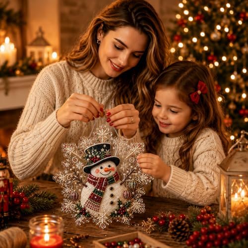 LJSCQF Christmas Pearl Diamond Painting Suncatcher Kit, DIY Craft | Pre-Assembled Metal Chain, Acrylic Snowflake Shape Board with Lace Edge, 3D Mixed-Sized Pearl Beads Craft (Style F, 12IN)