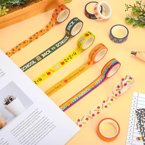 Whaline 12 Rolls Back to School Washi Tape Masking Tape Set Composition Notebook Speckled Pencil Apples Classroom Wrapping Paper Tapes for First Day of School Scrapbook Journal DIY Crafts