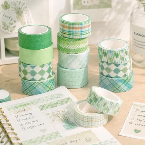 12 Rolls Washi Tape Set, Fresh Matcha Green Decorative Tape,Assorted Styles