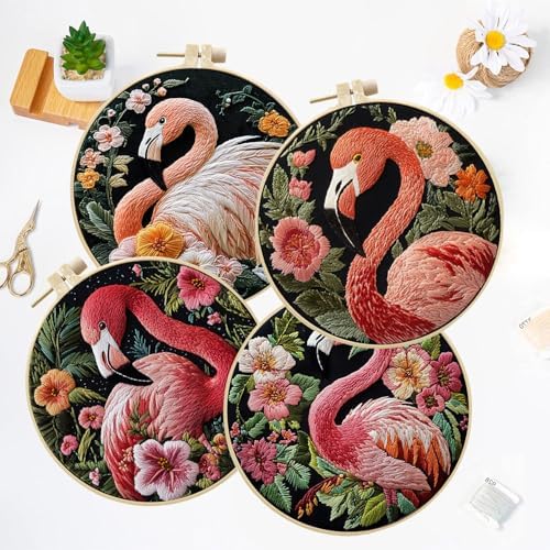 LB 4 Pack Pink Flamingo Embroidery Kit for Beginners Green Leaf Plant Beginner Embroidery Kit for Adults DIY Starter Kit with Embroidery Hoop Colorful Threads Tools Step by Step Instructions