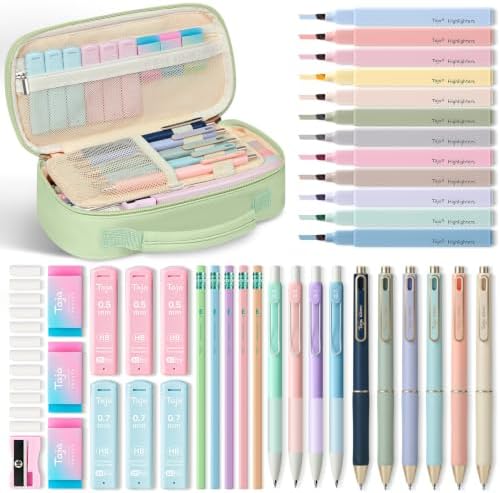 Taja Cute Pencil Case With School Supplies, 39 PCS, Stationery Set, Green