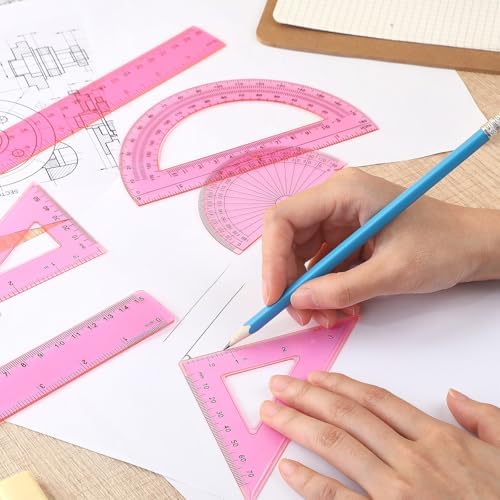 Tenare 6 Pcs Math Geometry Ruler Set, Protractor Triangle School,Pink