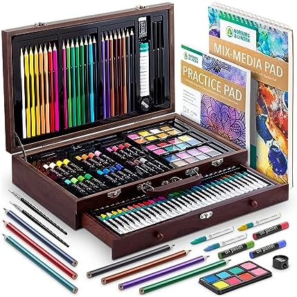 Norberg & Linden 144-Piece Art Set in Wooden Box with Drawer - Art Set for Adults, Teens, Kids - Premium Art Supplies - Includes Watercolors, Oil Pastels, Crayons, & More