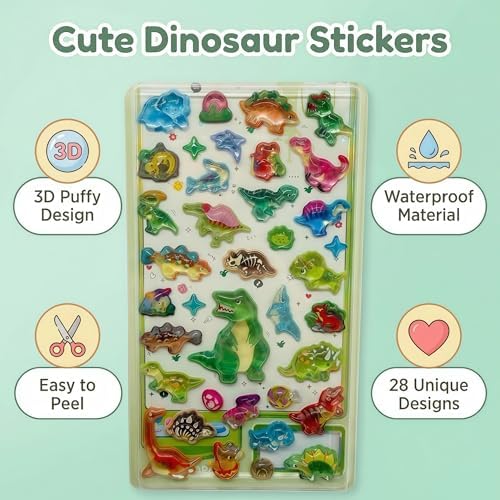 【4 Sheets】 Airy 3D Puffy Stickers,Dinosaur Resin Decorative Stickers, Cute Small Stickers for Kids，Girls, Adults, Reusable Tiny Stickers for Phone Case, Notebook - Perfect for Craft and GIF (Tender)