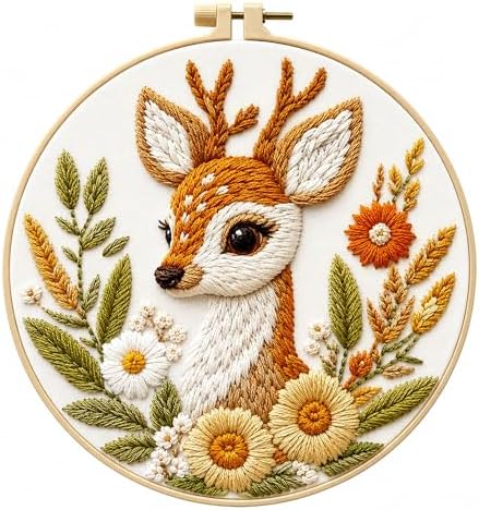 Zhenqing Deer Embroidery Kit for Beginners, Cute Fawn Needlework Craft with Pre-Printed Cotton Fabric, Hoop, Threads & Tools, Woodland Animal Decor, 29x29cm (C0057)