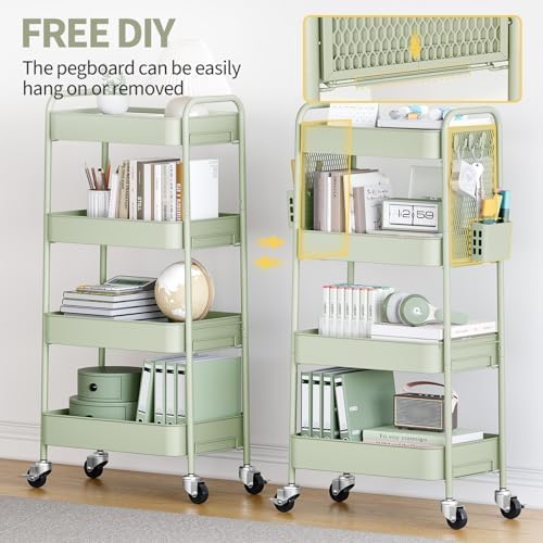 TOOLF 4 Tier Rolling Cart, Metal Utility Storage Cart with Pegboard, Green | 2 Bins & 4 Hooks, Screwless Assembly, Lockable Wheels, Trolley Organizer for Bathroom, Kitchen, Office, Dorm, Craft Room