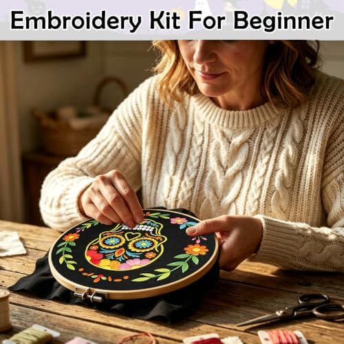 Nuberlic Sugar Skull Embroidery Kit for Beginners Adults Stamped Needlework
