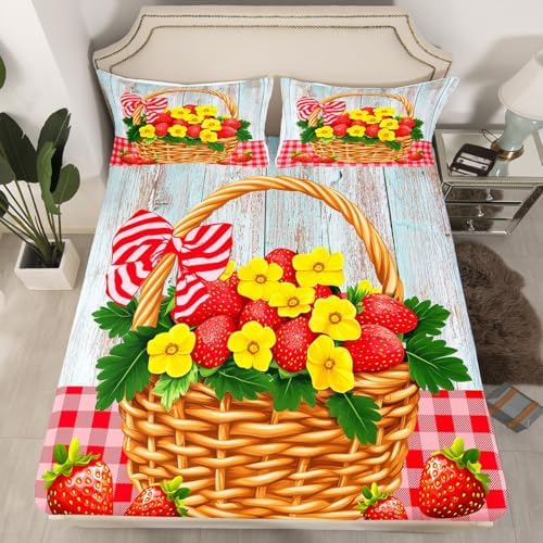 Red Strawberry Bed Sheet Set Full Size Rustic Style Fruits Floral Mattress Cover Modern Grid Plaid Sheets for Boys Girls Bedroom Red Gray Yellow with Flat,Fitted Sheet Pillowcase 4Pcs